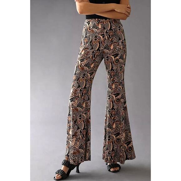 NEW Anthropologie Drapey Flare Pants Viscose Brown Motif Jungle Print - Size 4 - Picture 14 of 16